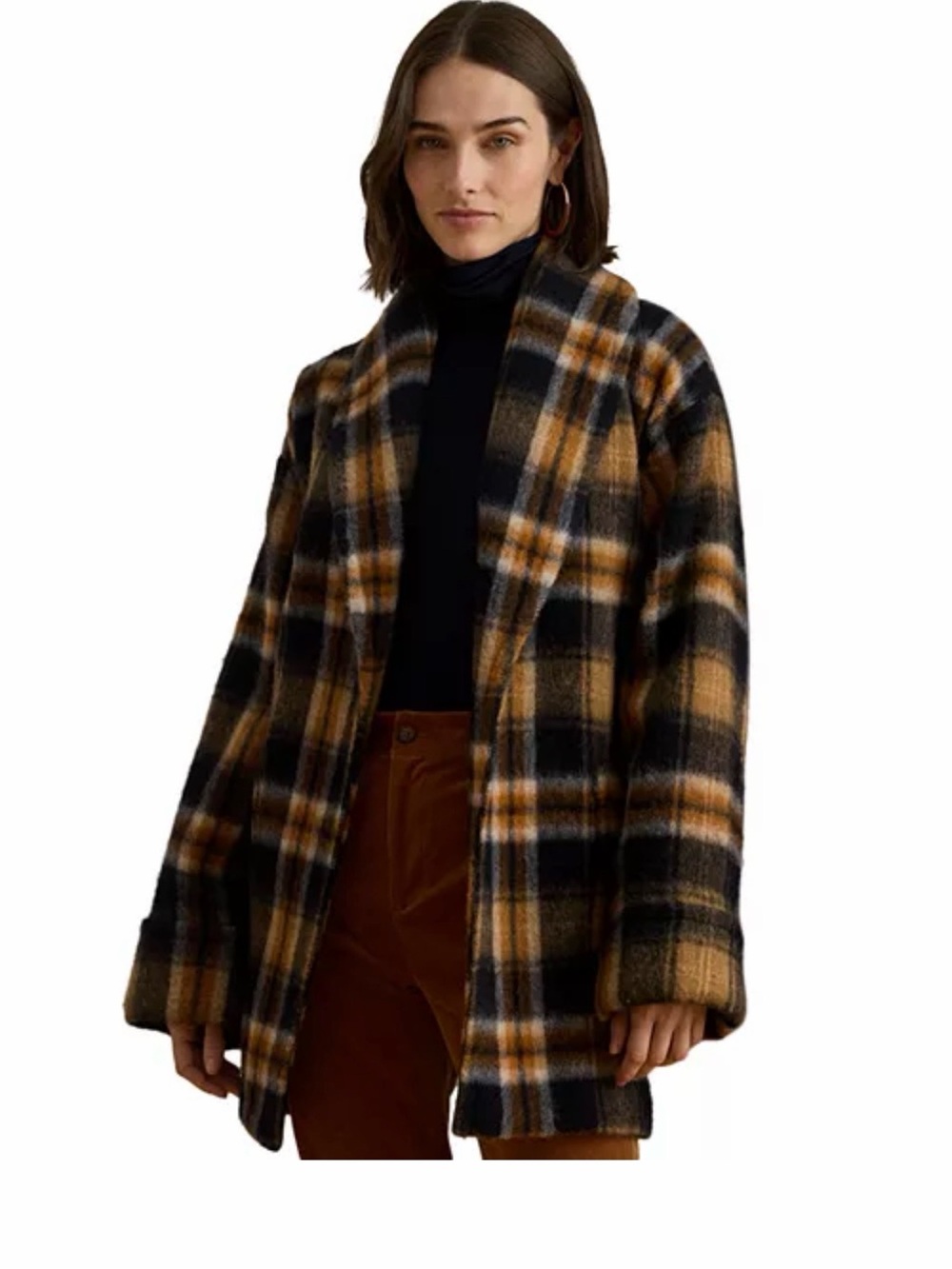 LAUREN RALPH LAUREN Darda Wool Blend Plaid Wrap Coat Belted Cardigan Women’s L